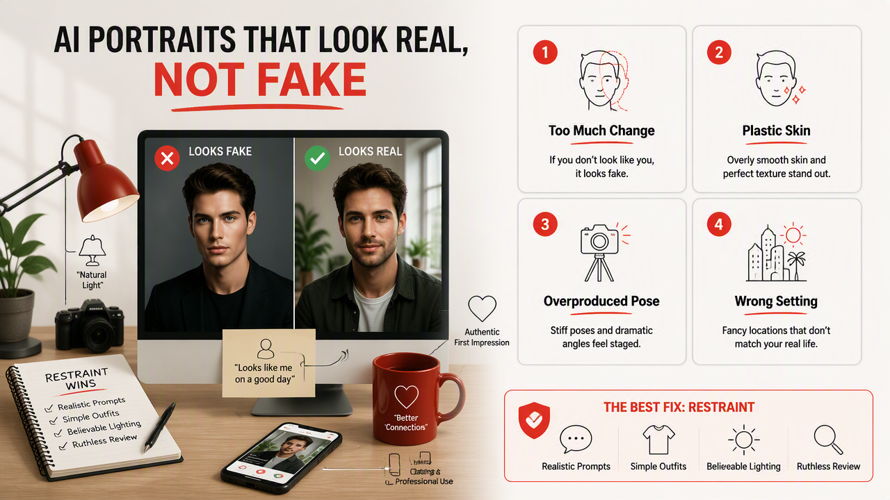 Illustration for What mistakes make AI portraits look fake?