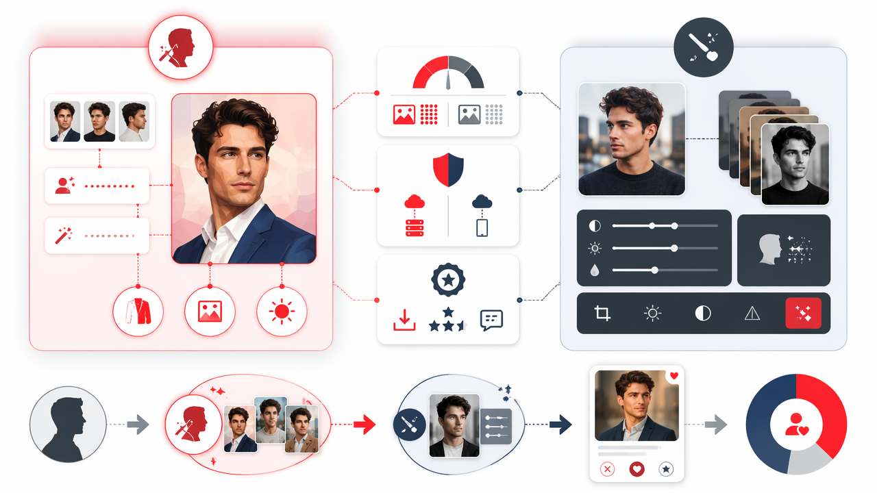 Infographic comparing AI photo generators and AI filter apps for portraits, privacy, and social photo workflows.