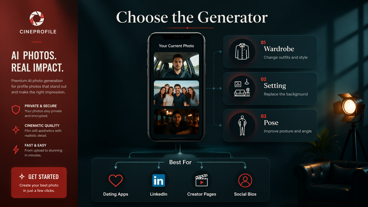 Decision map for when to use an AI photo generator for profile photos