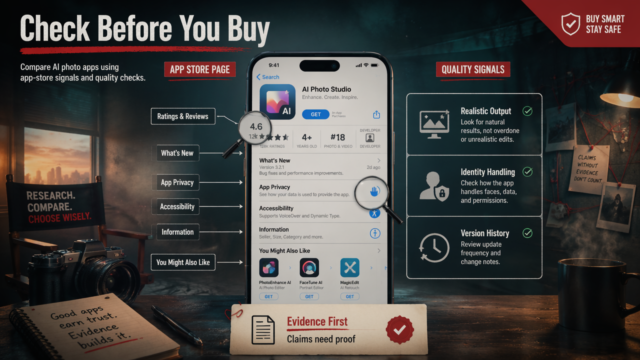 Annotated app-store comparison diagram for privacy, quality, and review signals
