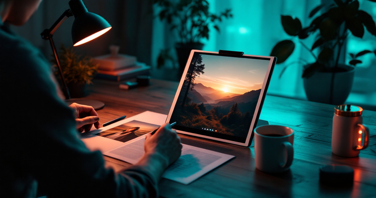 Hands retouching an existing portrait on a pen display for subtle photo improvements