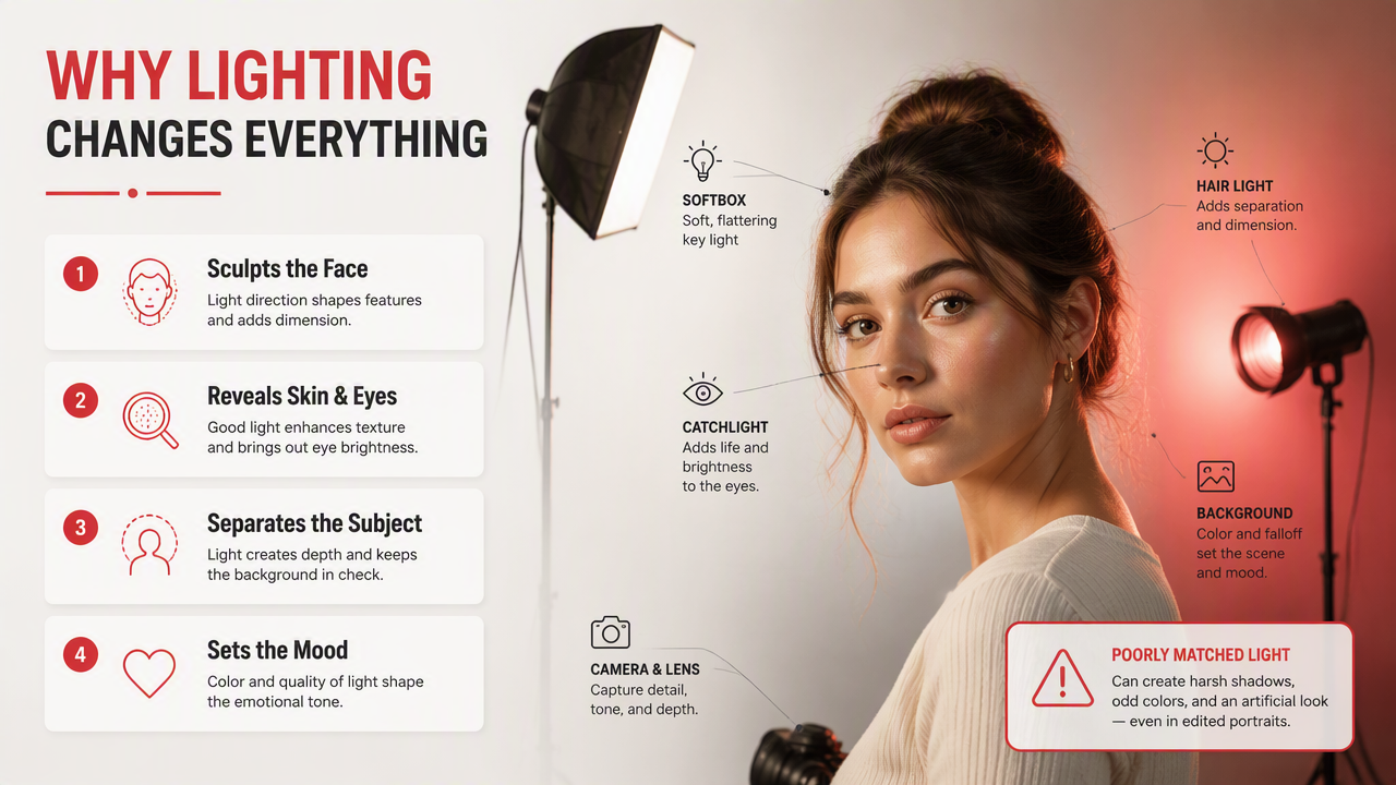 Illustration for Why does lighting change attractiveness and realism?