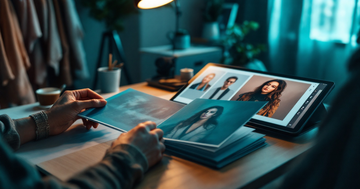 Personal reference photos sorted for customized AI portraits in a cinematic home studio