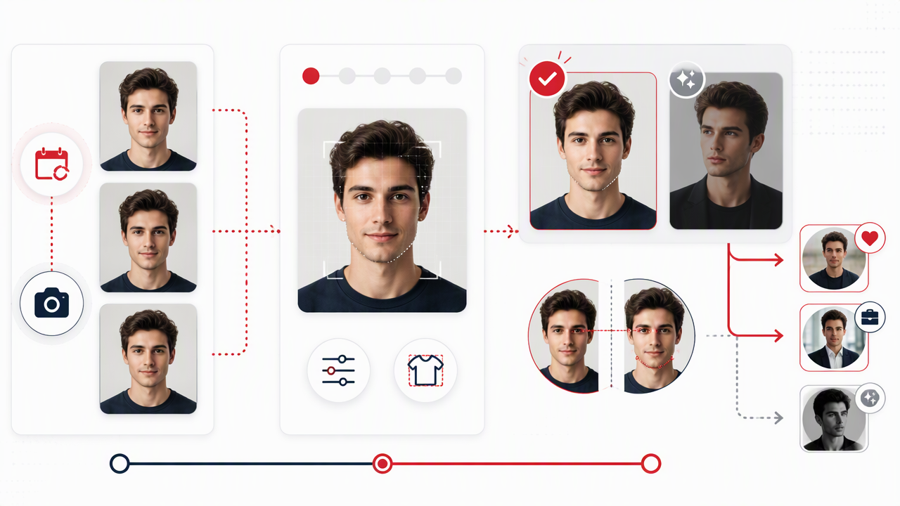 A visual workflow showing clear reference photos refined into a recognizable AI portrait, checked for likeness before use in dating or professional profiles.