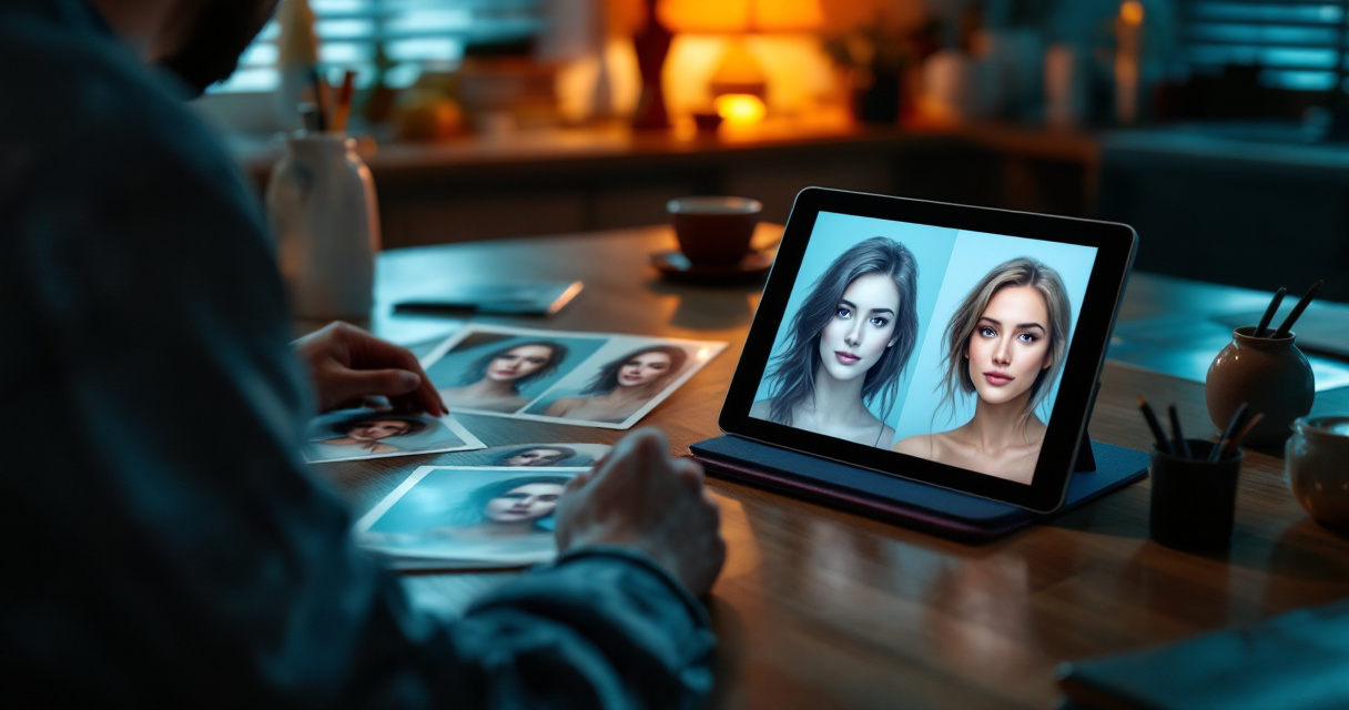 Person comparing real photos with AI portraits that have drifted from their likeness