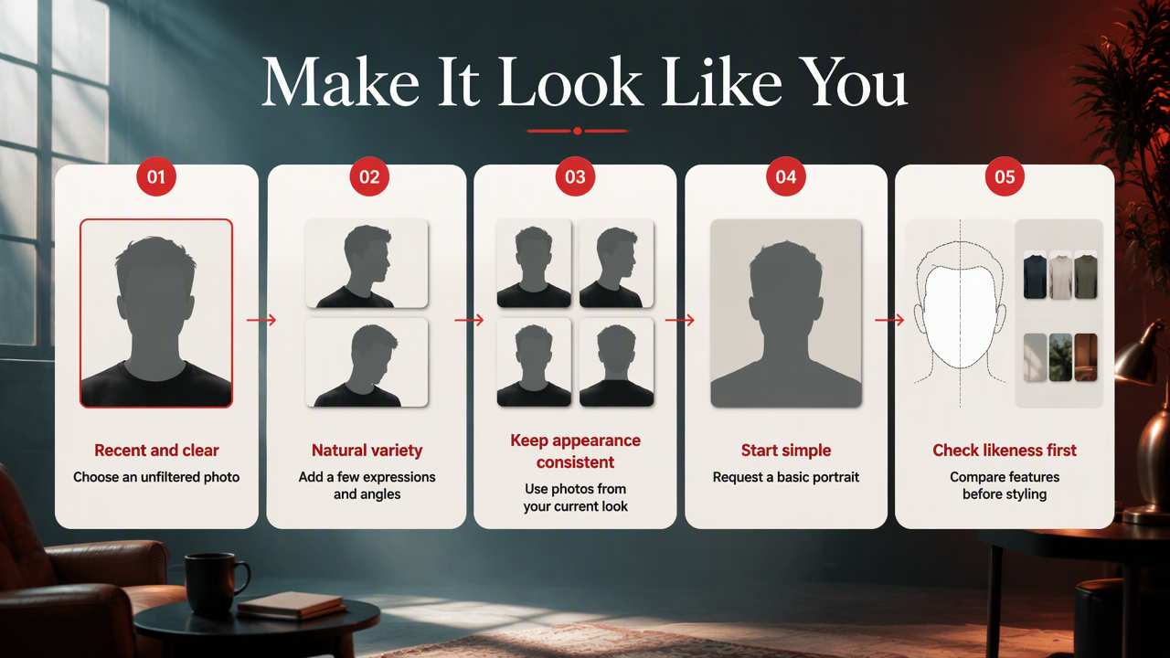 Five-step guide to choosing references and prompts for more recognizable AI portraits.