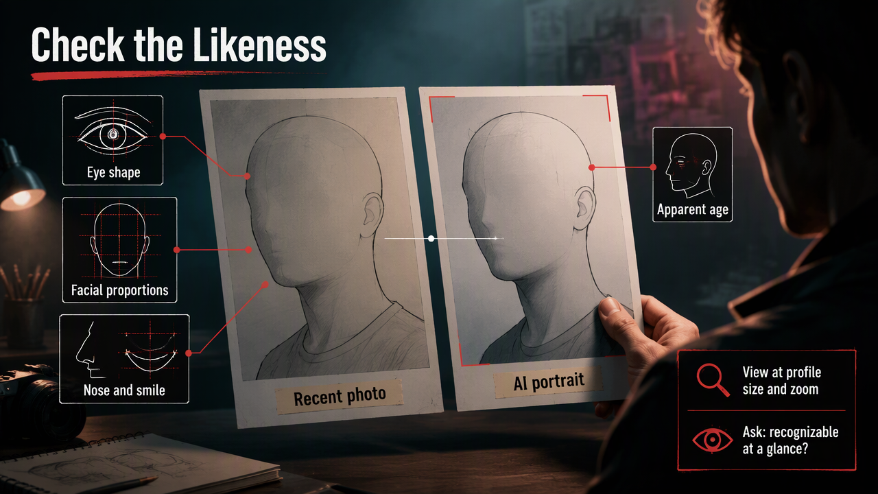 Annotated side-by-side portrait check highlighting facial features, viewing scale, and recognition.