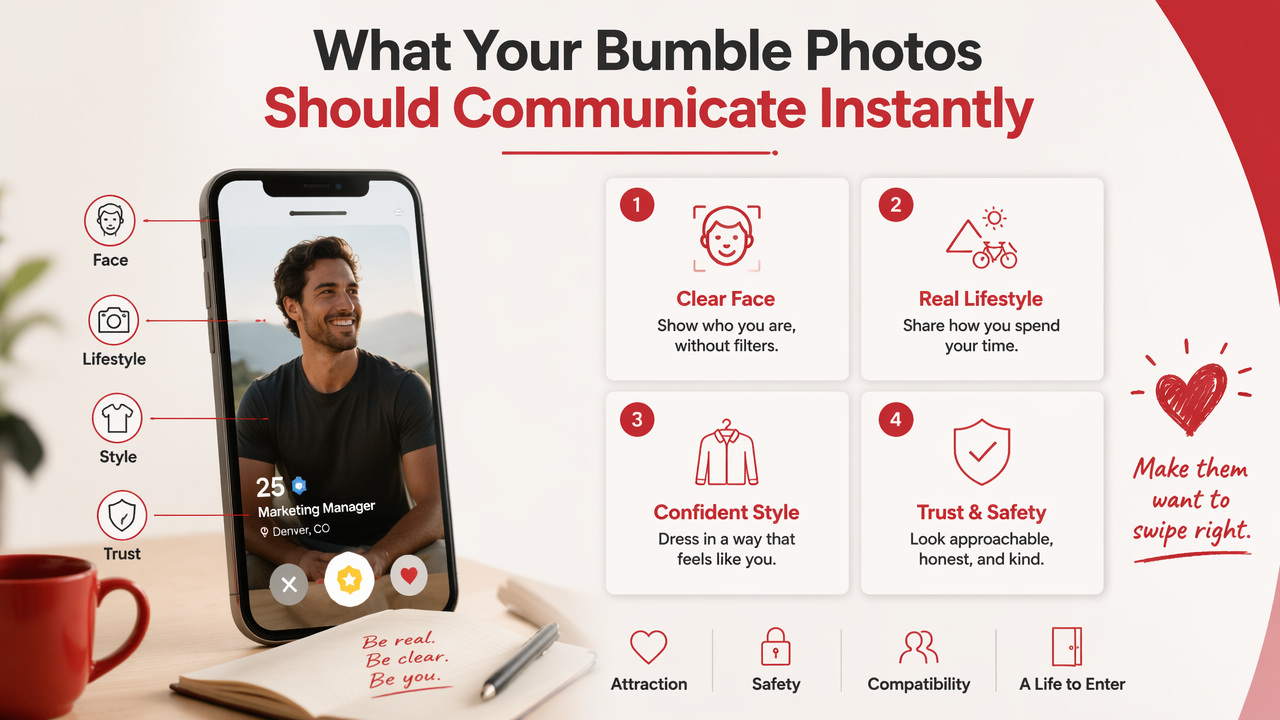Illustration for What should Bumble photos communicate in 3 seconds?