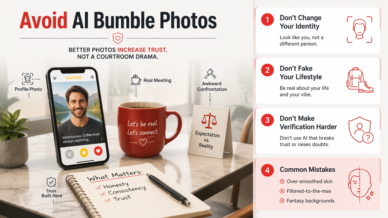 Illustration for What should you avoid with AI Bumble photos?