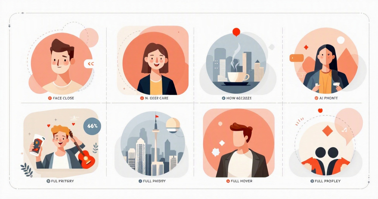 Infographic showing a six-photo Hinge lineup built from AI photos: clear face, lifestyle, hobby, polished portrait, full-body, and conversation starter, with workflow and authenticity icons around it.