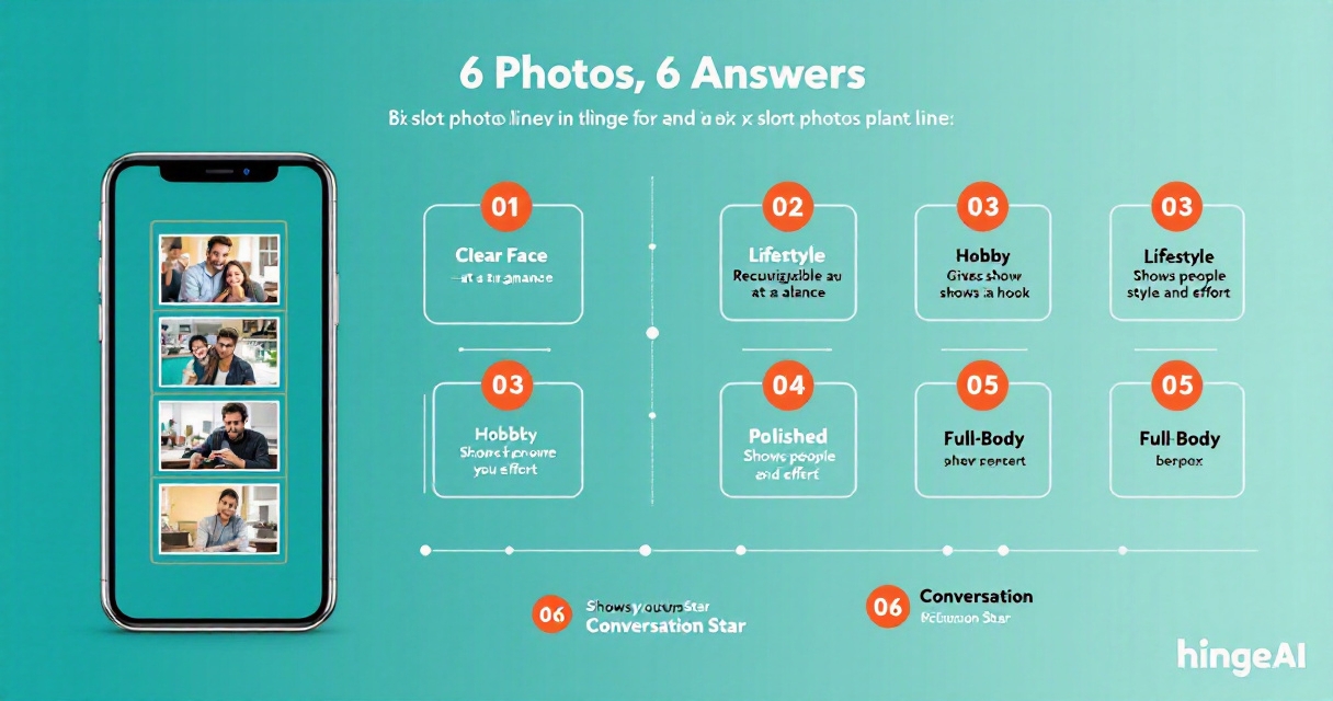 Six-photo Hinge profile lineup infographic with labeled photo types and repetition warning.