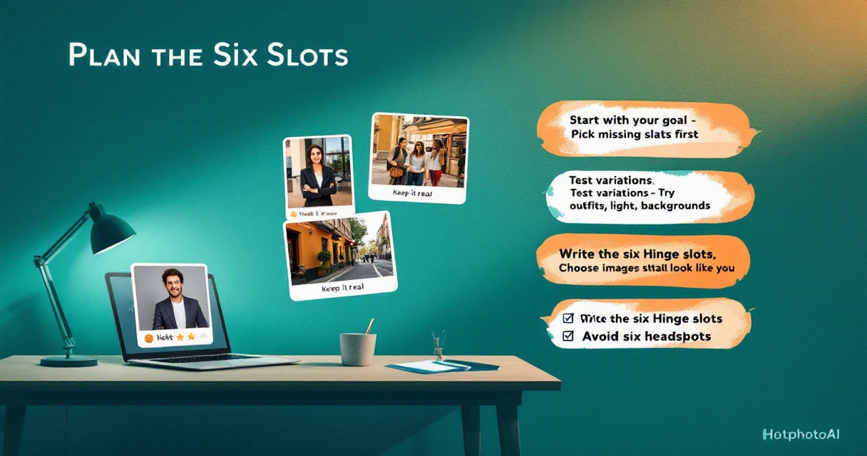 HotphotoAI workflow diagram for planning Hinge photos with goal setting, variations, and balanced lineup.