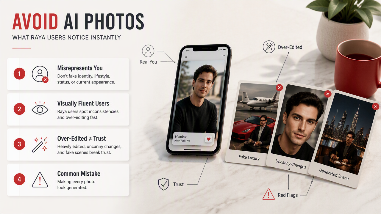 Illustration for What should you avoid with AI photos on Raya?