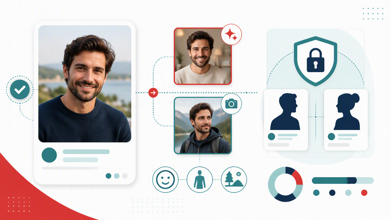 Diagram showing a recognizable main dating-profile photo supported by realistic AI portraits, with visual cues for authenticity, photo balance, and privacy.
