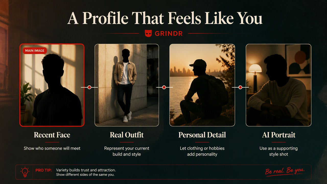 Grindr profile photo guide balancing a recent real face photo, representative outfit, personality image, and supporting AI portrait.