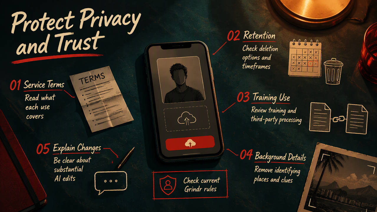 Privacy checklist for AI Grindr portraits covering service terms, retention, training use, identifying backgrounds, and disclosure.
