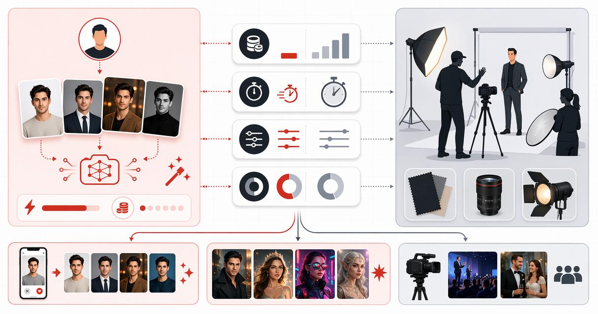 An infographic comparing AI photoshoots and traditional photoshoots by speed, cost, control, realism, and best use cases.