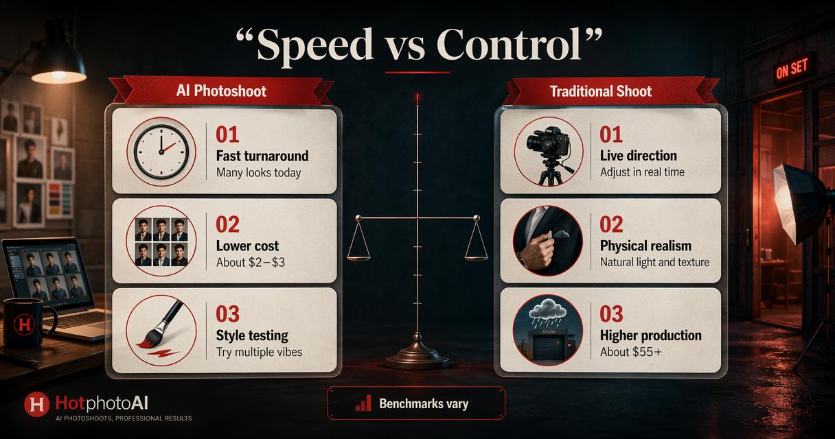 Comparison infographic of AI versus traditional photoshoot speed, cost, and creative control