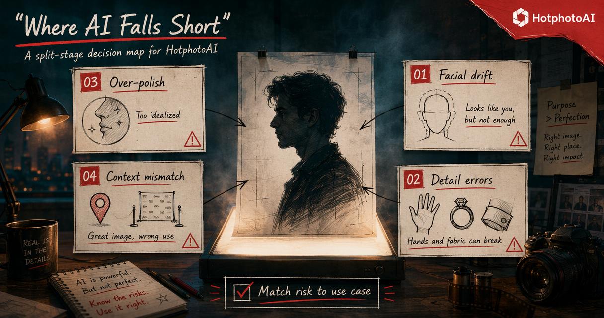 Annotated diagram of common AI portrait limitations and when to match risk to use case