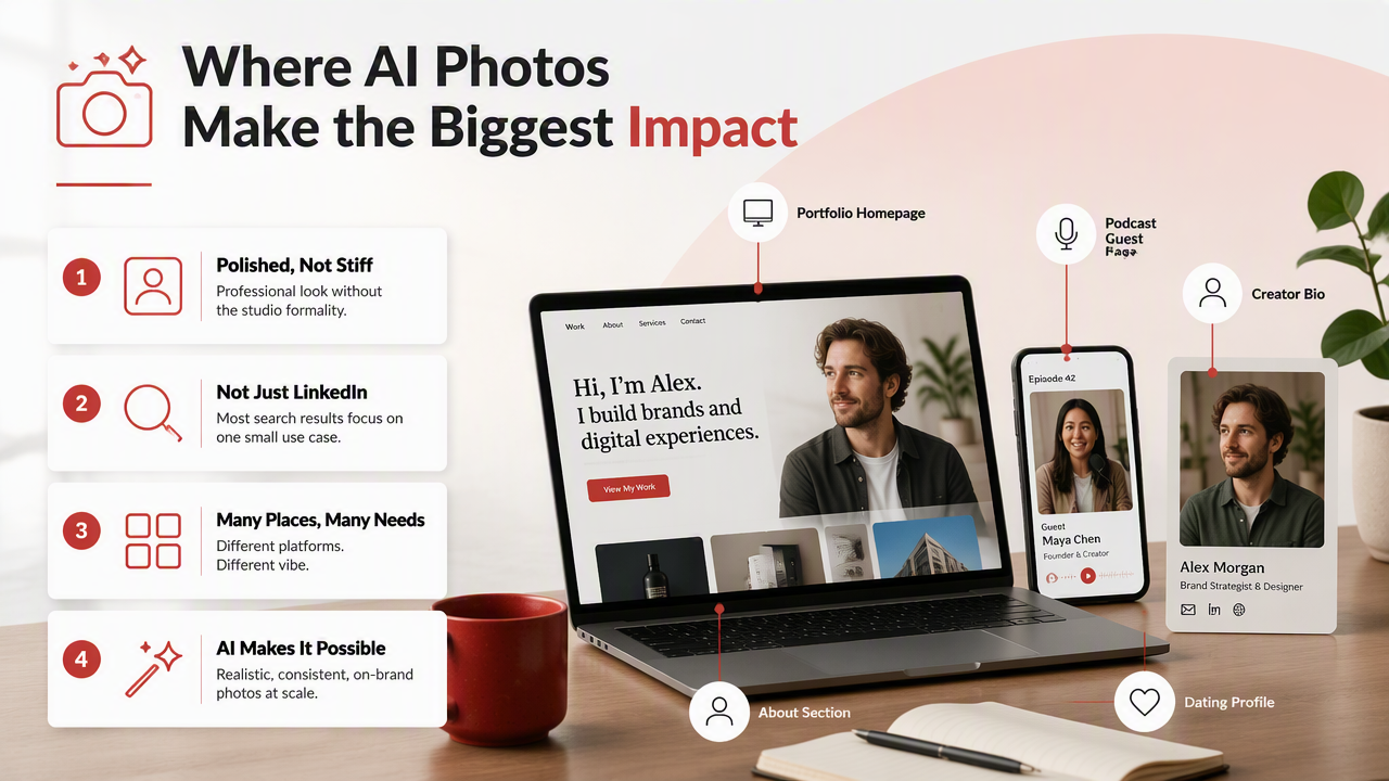 Illustration for Where should you use AI-generated professional photos?