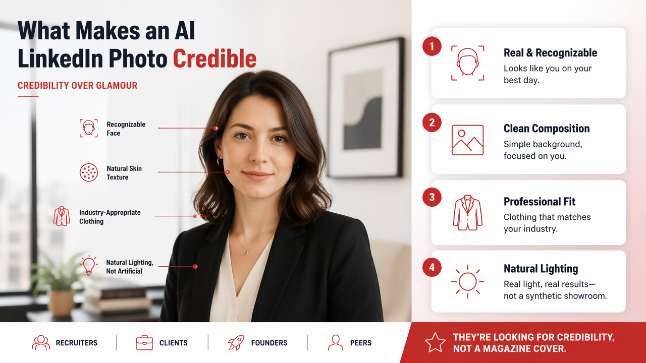 Illustration for How do you make an AI LinkedIn photo look credible?