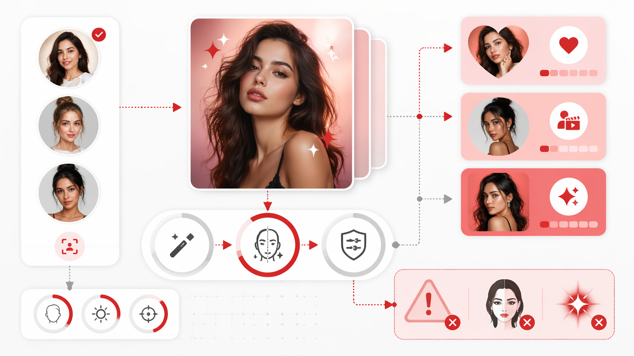 Infographic showing a selfie-to-AI portrait workflow with input selfies, style selection, output portrait examples, and common mistakes to avoid.