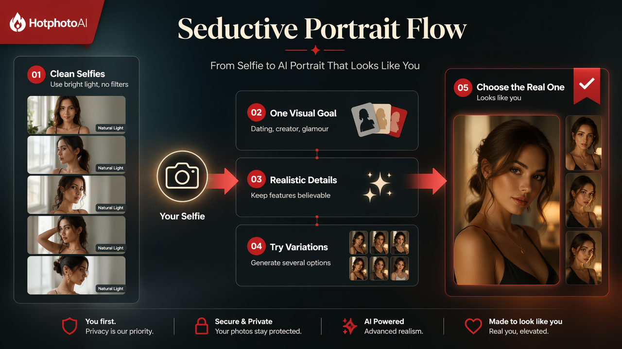 Infographic showing the workflow for creating seductive AI portraits from selfies.