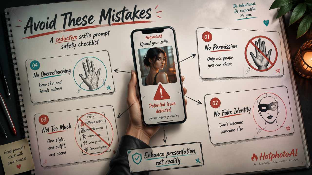Checklist diagram warning against fake, blurry, and overedited AI seductive selfies.