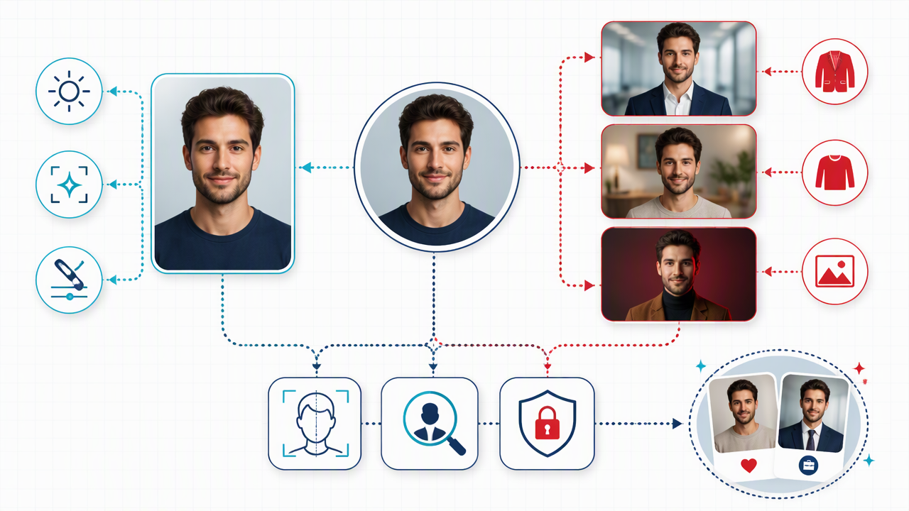 A side-by-side visual compares enhancing an existing selfie with generating new styled portraits, with likeness, quality, and privacy checks below.