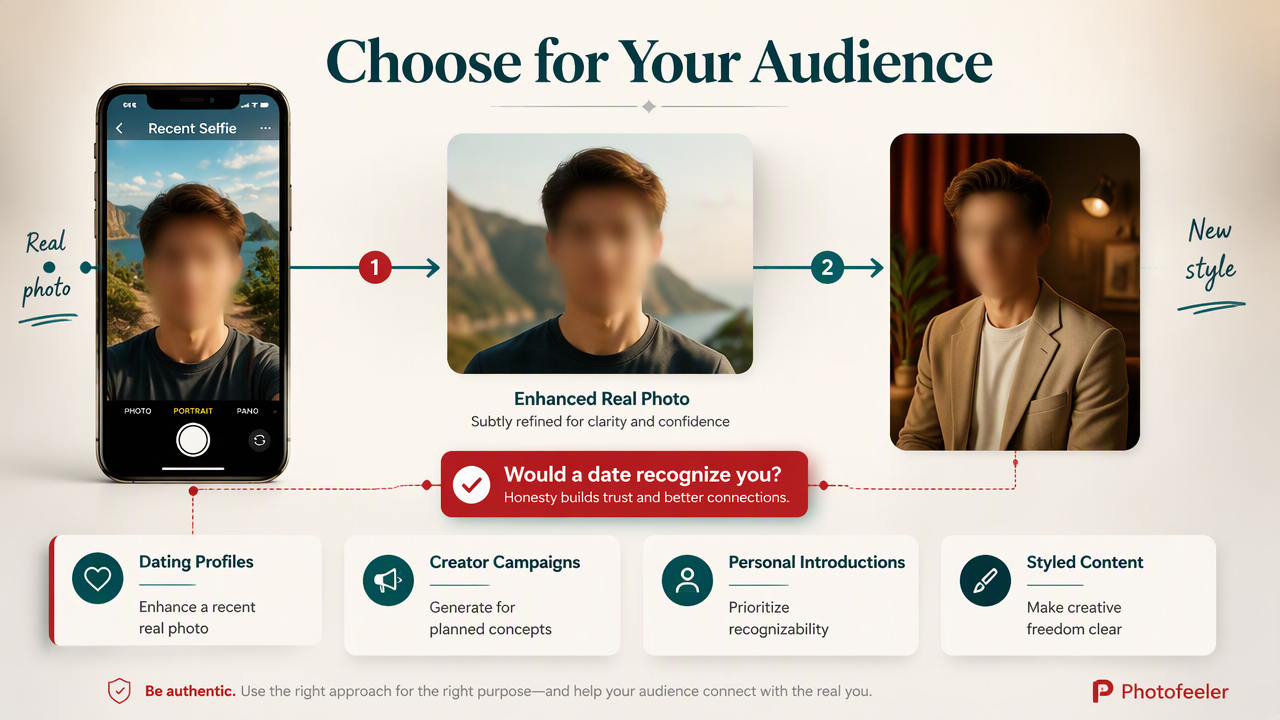 Infographic comparing real selfie enhancement and generated portraits for dating profiles, creator campaigns, and introductions.