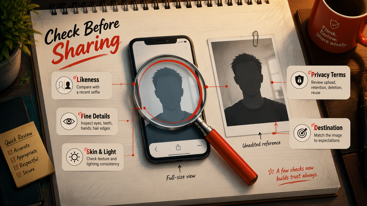 Annotated portrait review checklist for likeness, facial details, lighting, privacy terms, and intended use.