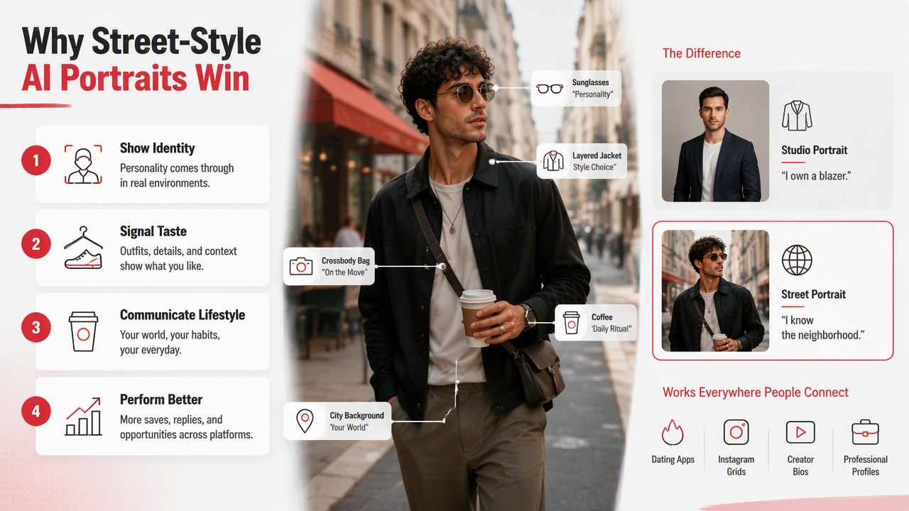 Illustration for Why street-style AI portraits convert well on profiles