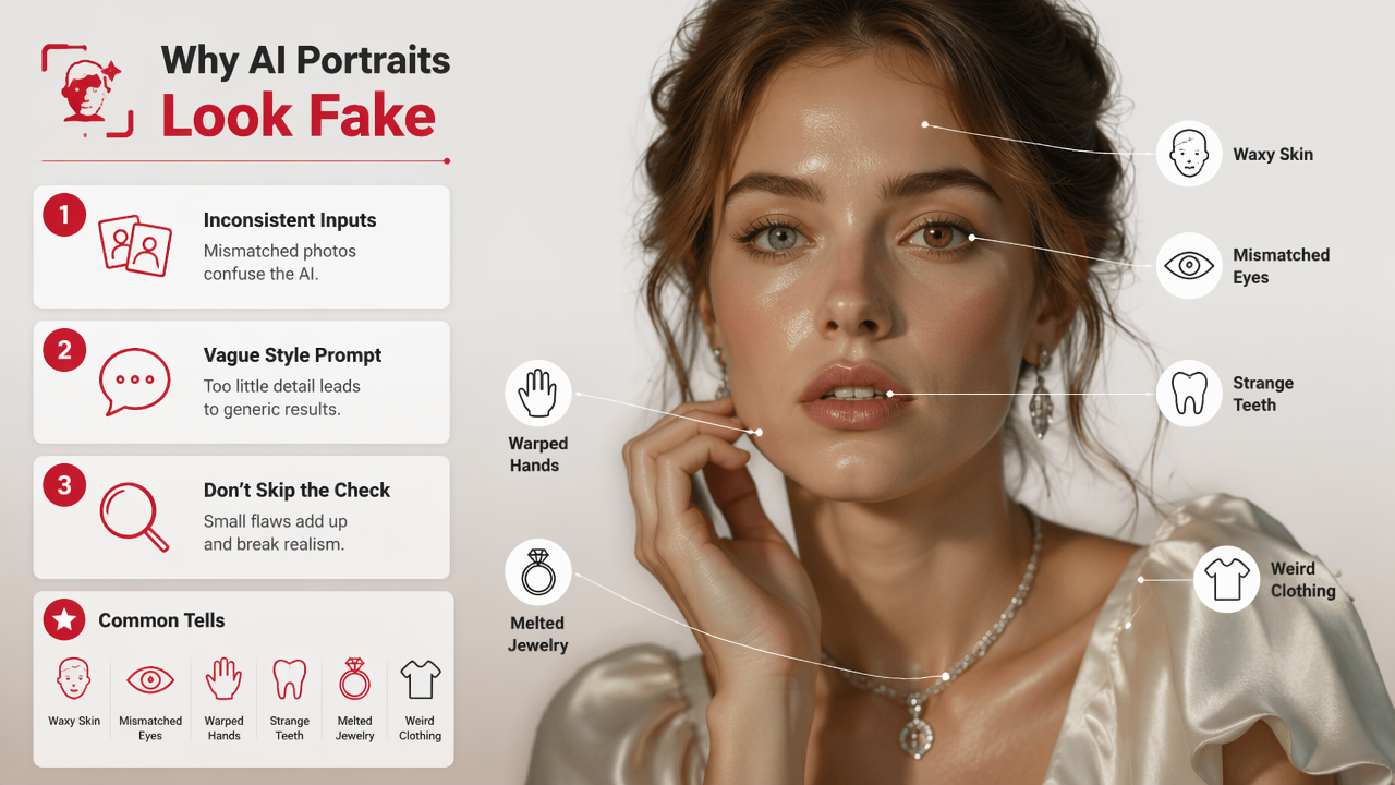 Illustration for What mistakes make AI portraits look fake?