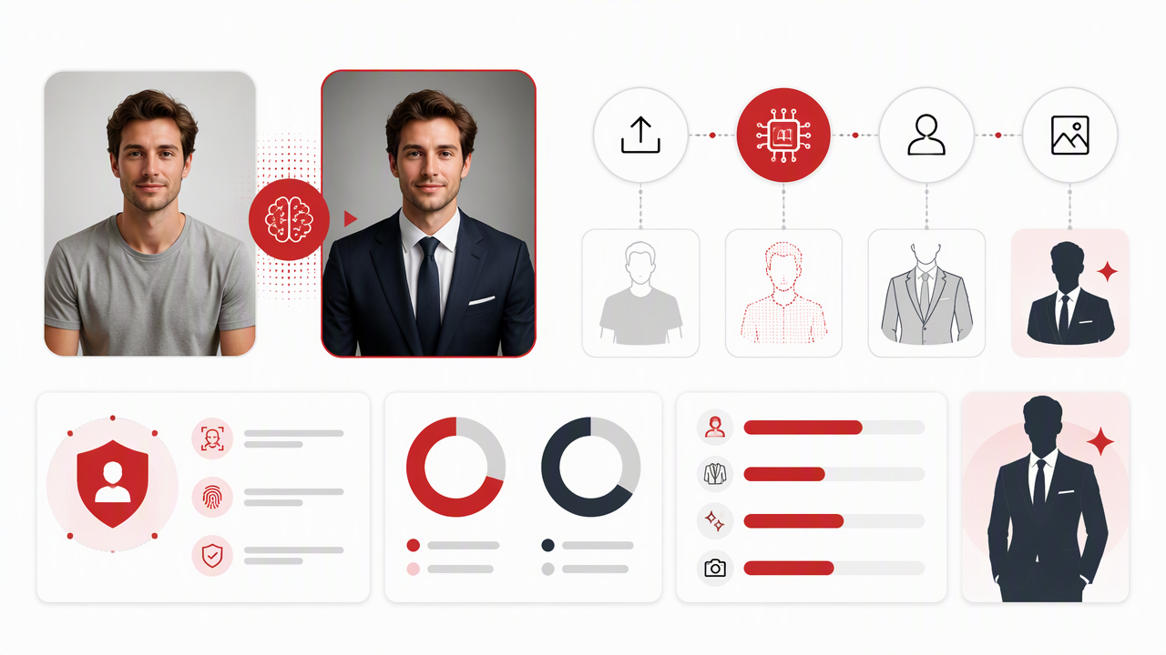 Infographic summarizing key insights about AI Suit Photo Generator: How to Create Professional Suit Photos That Still Look Like You