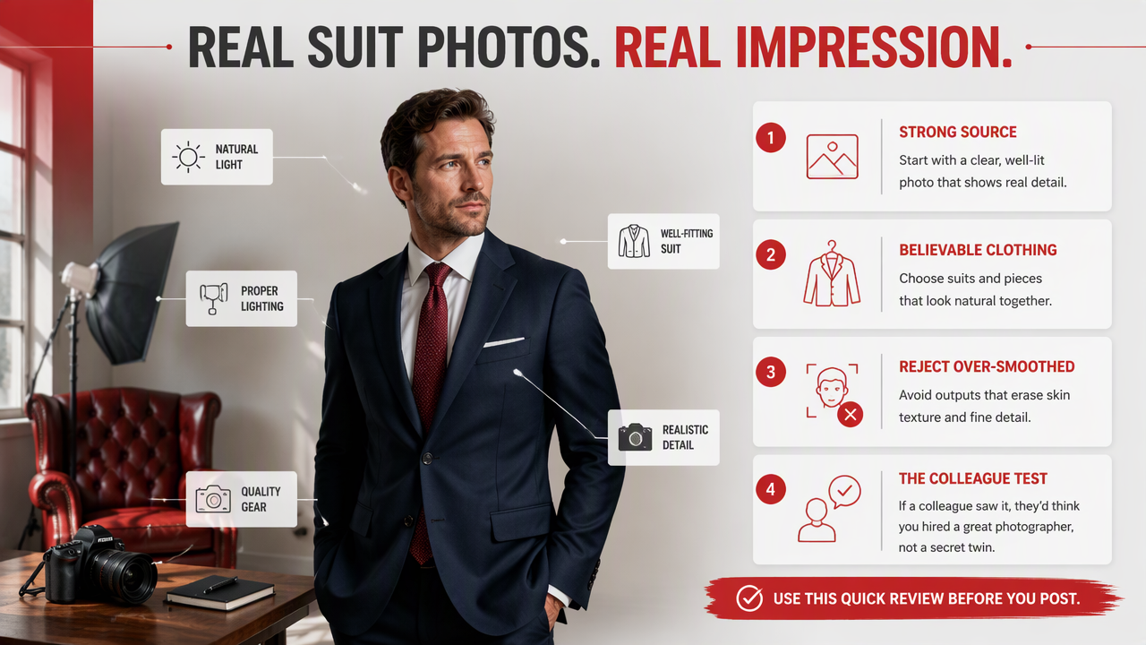 Illustration for How do you create realistic suit photos without over-polishing?