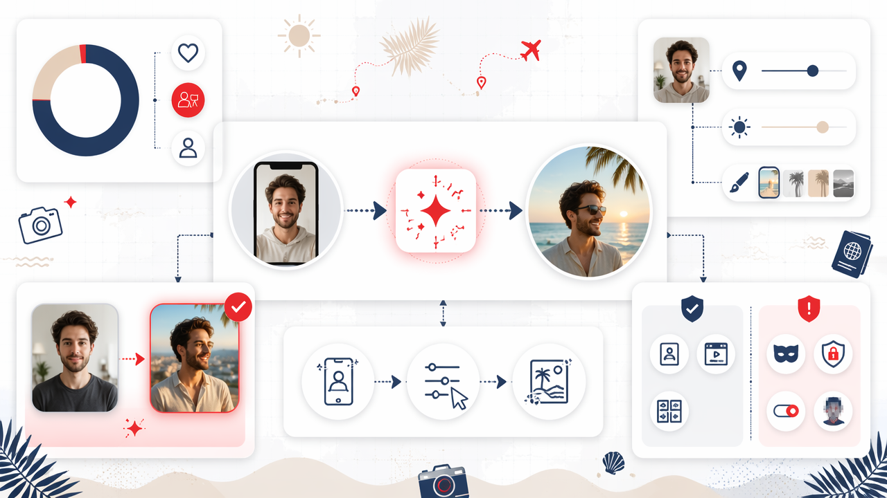 Infographic showing how an AI vacation photo generator turns a selfie into realistic travel portraits, with prompt-building, use cases, and caution areas.
