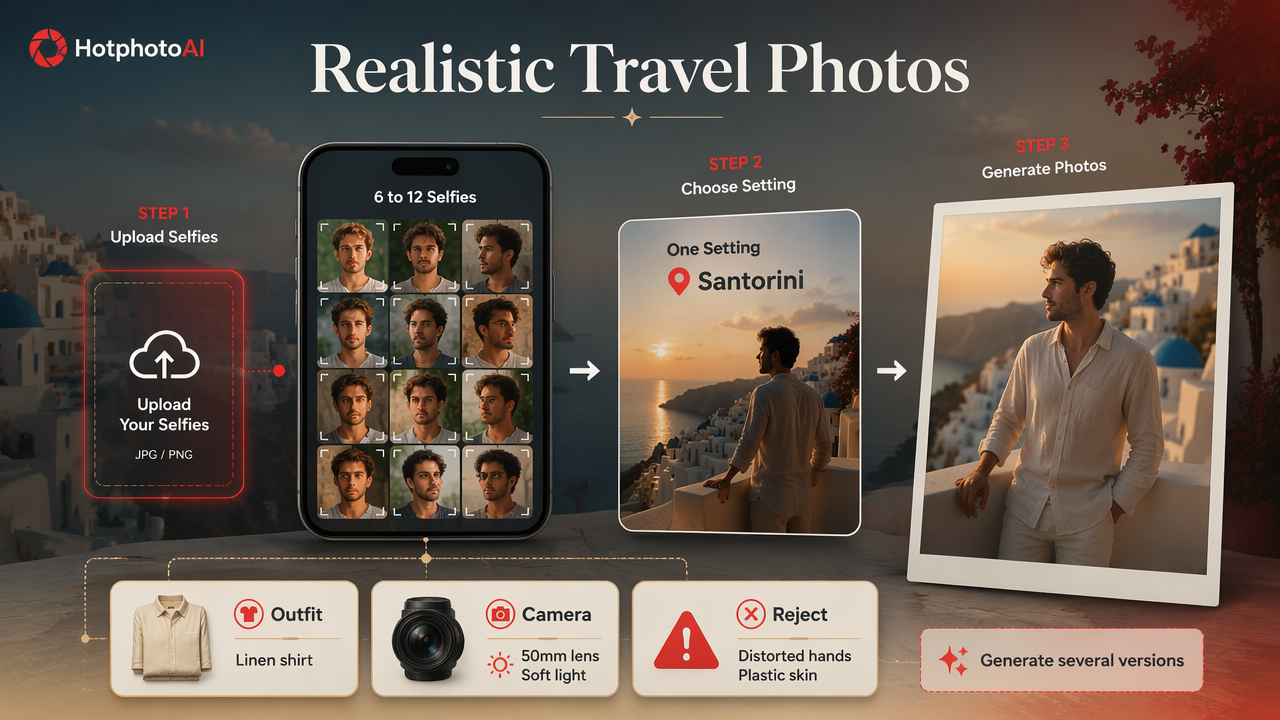 Infographic showing steps for creating realistic AI travel photos from selfies.