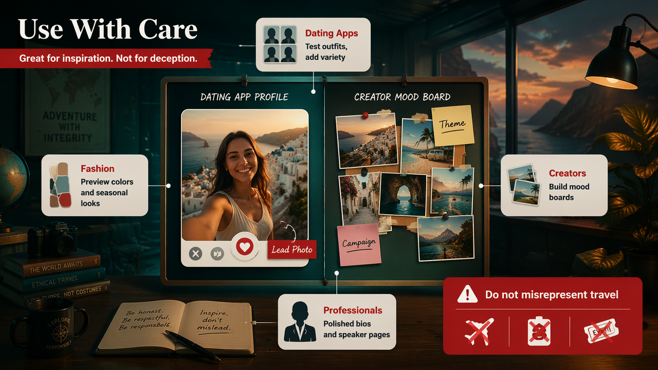 Annotated diagram of safe and creative uses for AI-generated travel images.