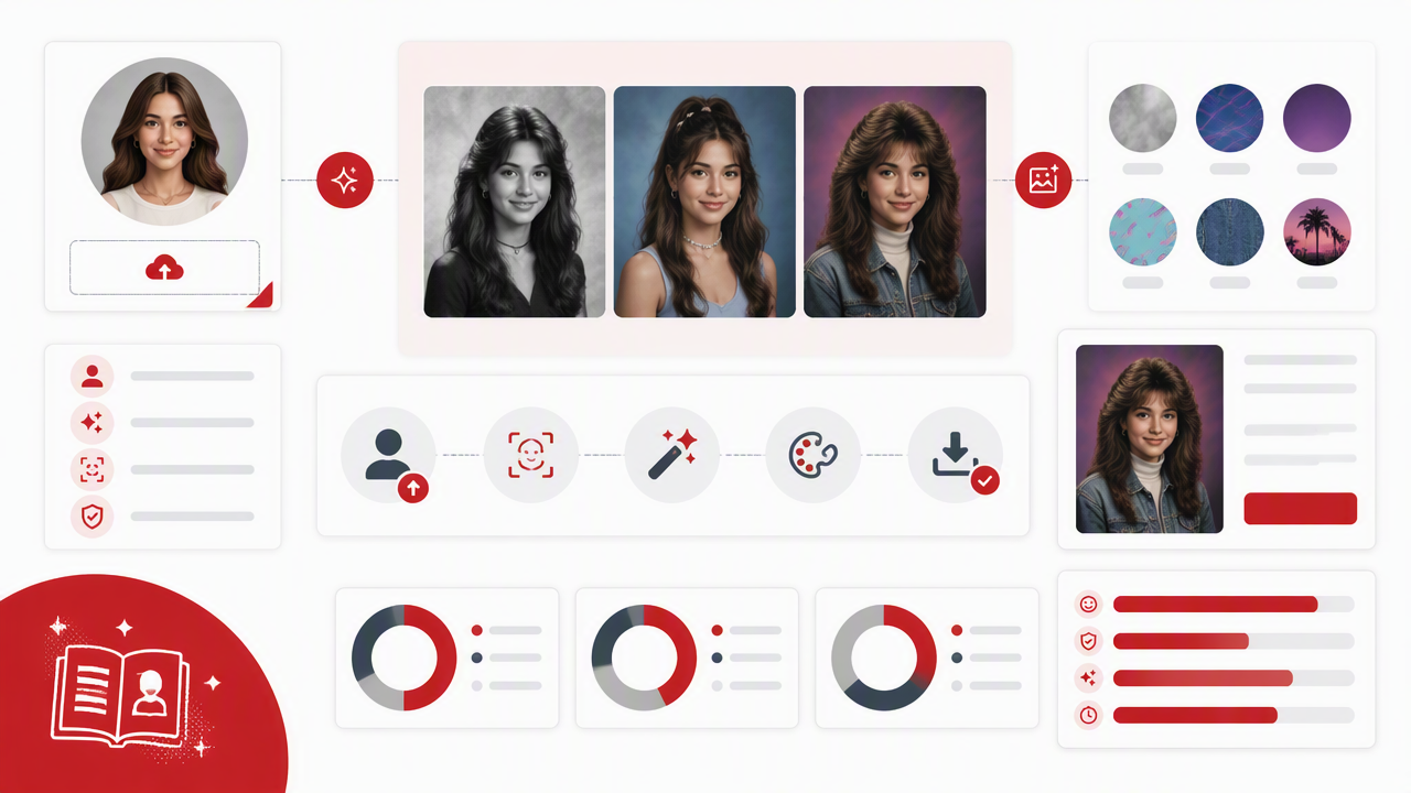 Infographic summarizing key insights about AI Yearbook Photo Generator Guide: 90s, Y2K, and Retro Portraits That Still Look Like You