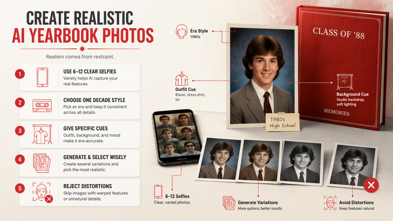 Illustration for How do you create realistic AI yearbook photos?