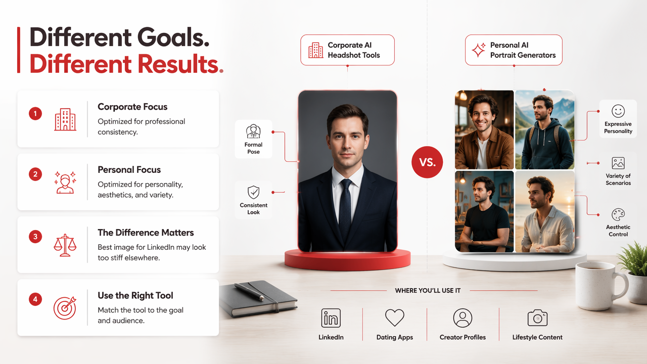 Illustration for How do corporate headshot tools differ from personal AI portrait generators?