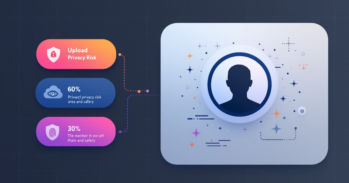 Infographic showing AI photo generator privacy risks, encryption, deletion controls, data sharing limits, and future safety improvements.