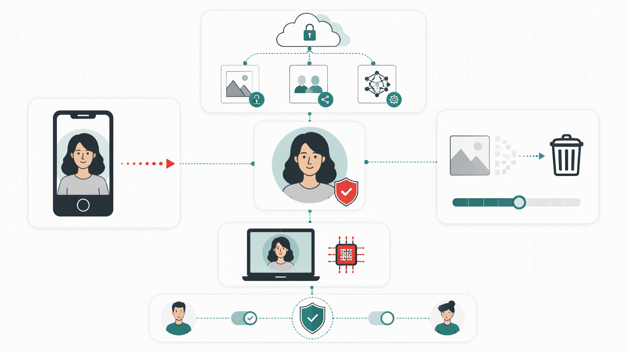 A visual guide to AI portrait privacy, showing photo upload, storage and training, sharing, deletion, local processing, and consent controls.