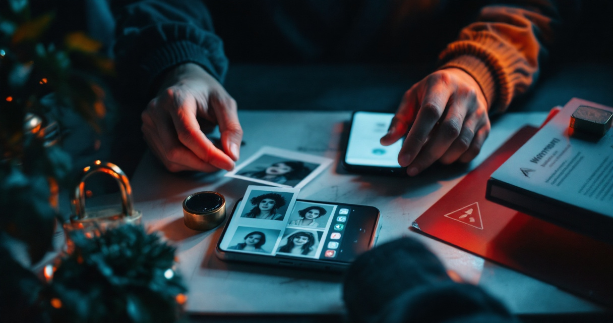 Hands checking privacy controls before uploading face photos to an AI portrait app