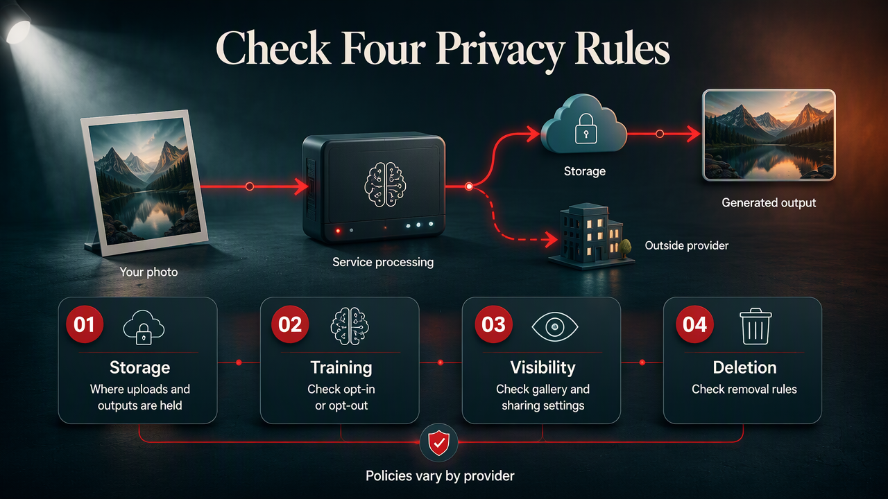 AI photo privacy infographic showing upload processing and four checks for storage, training, visibility, and deletion.