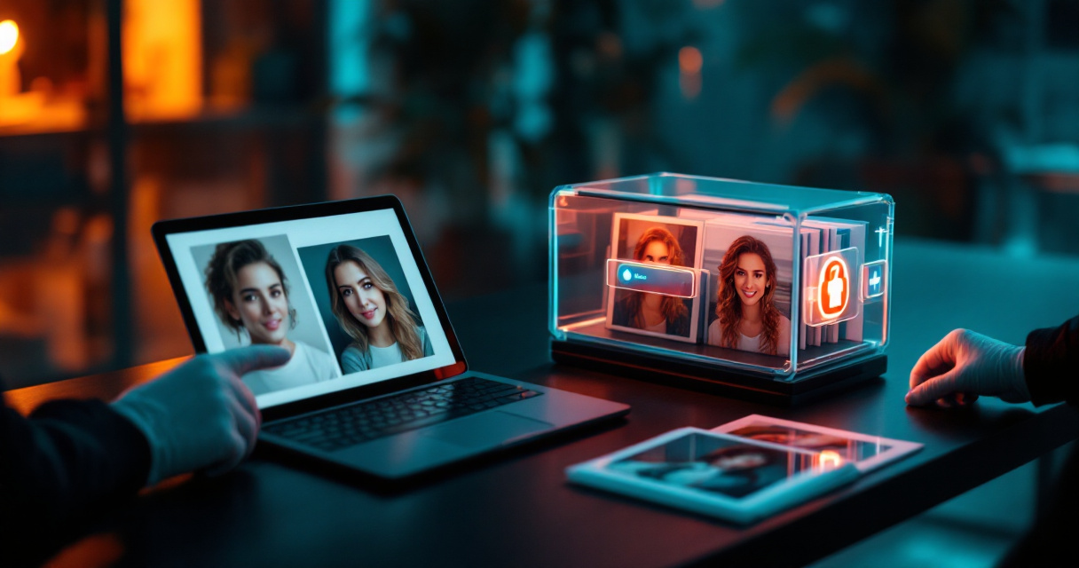 Secure AI photo privacy workflow with locked storage and deletion control in a studio