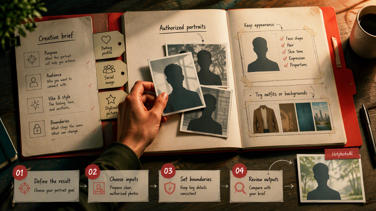 Privacy-first AI portrait workflow for defining a goal, selecting authorized photos, setting appearance preferences, and reviewing results.