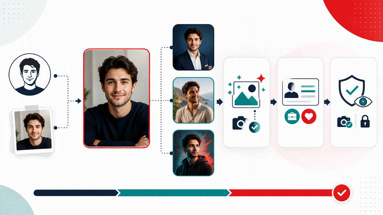 Diagram showing how to create, select, and review recognizable AI portraits for dating and professional profiles.