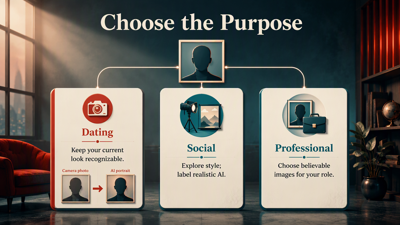 Three profile portrait choices compare recognizable dating photos, creative social images, and believable professional AI portraits.