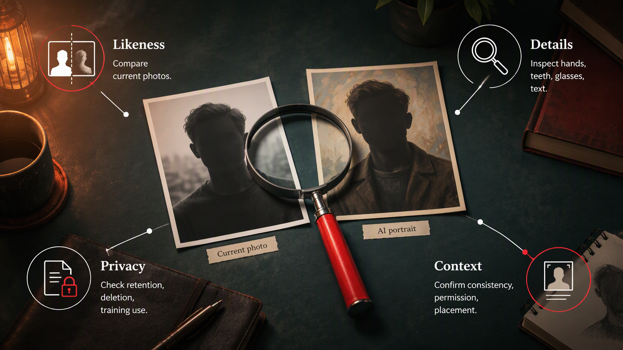 A magnifier compares an AI portrait with a current photo while callouts flag likeness, details, privacy, and context checks.